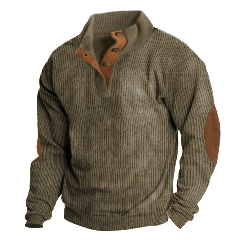 Men's rustic ribbed pullover with Henley collar and leather-like elbow patches Mune Fashion
