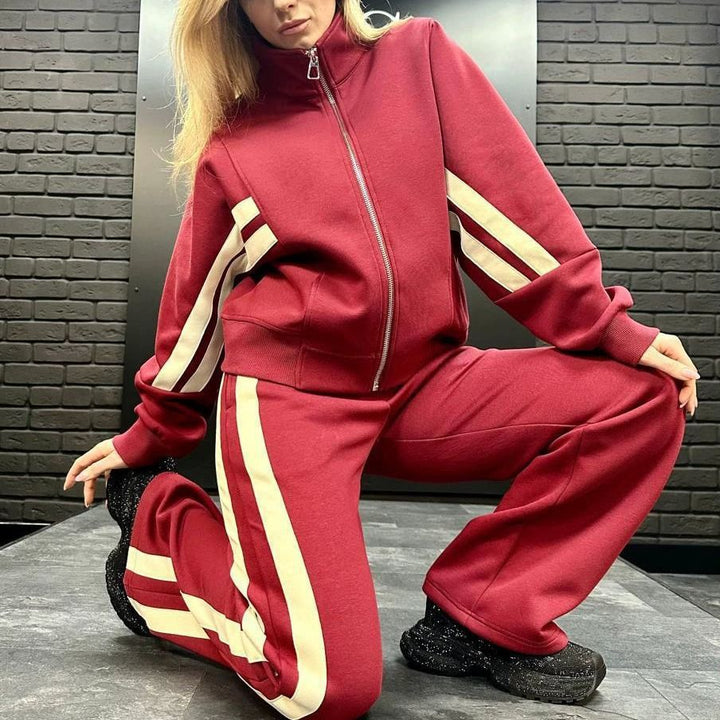 Women's athletic two-piece set made of French Terry with zipper cropped jacket and wide high-waist jogger Mune Fashion