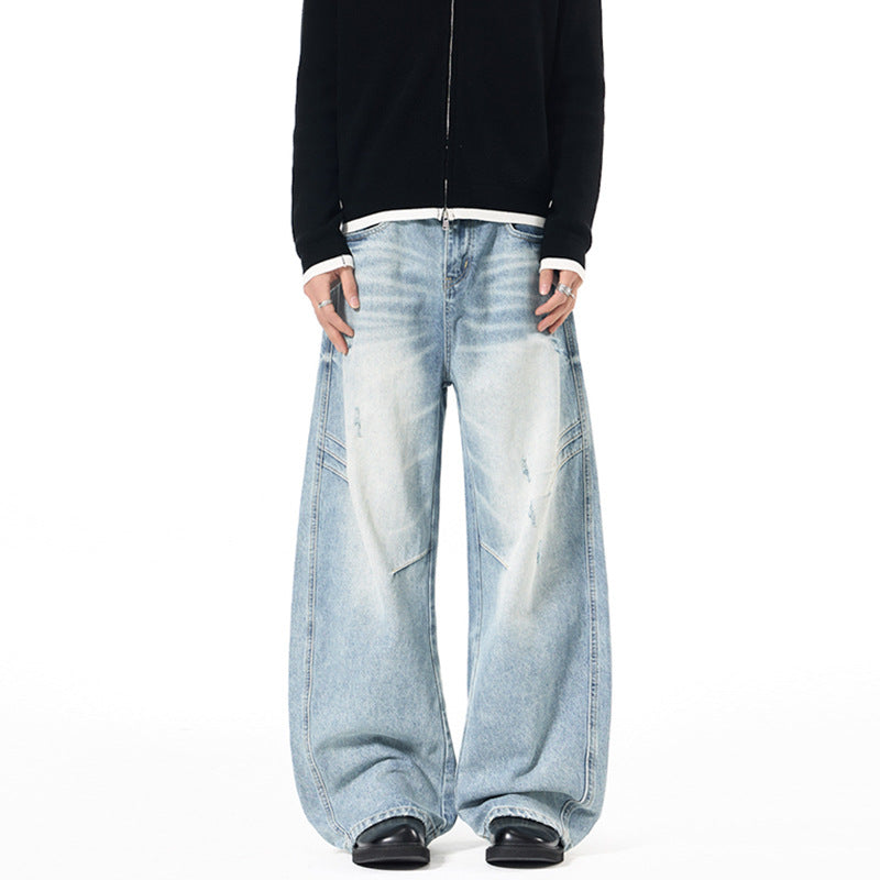 Men's Ultra Wide Denim Palazzo Pants with Sculptural Side Panels and Used Effect Mune Fashion