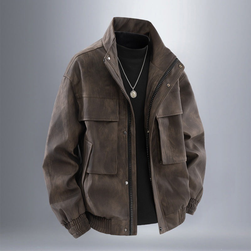 Men's utility Harrington jacket in leather look with multiple pockets and elastic hem Mune Fashion