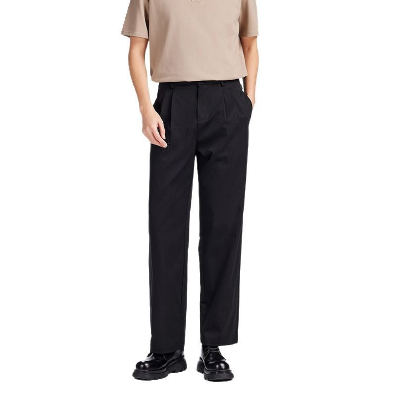 Men's Elegant Pleated Fabric Pants with High Waist, Crease and Straight Leg Mune Fashion