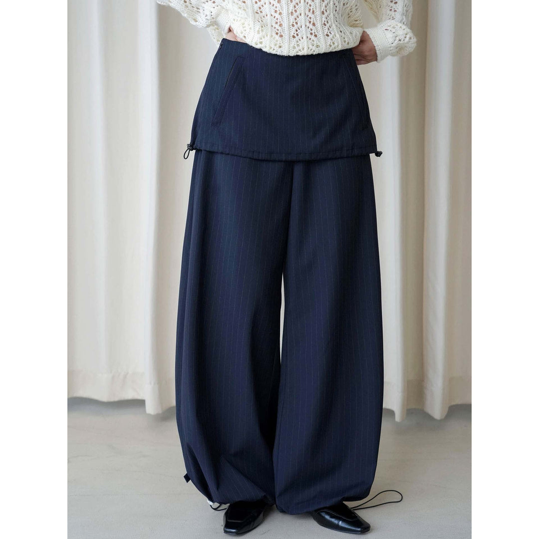 Women Wide Pinstripe Pants with Overlay and Drawstring Mune Fashion