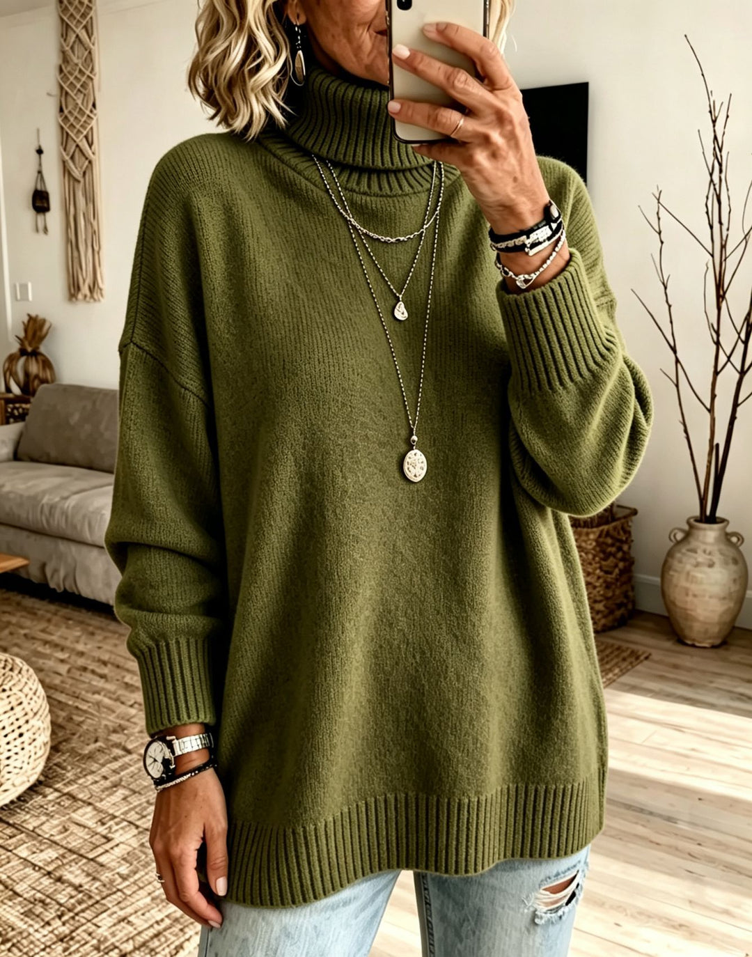 Women's Oversize Rollneck Sweater made of fine knit with ribbed cuffs and dropped shoulders Mune Fashion
