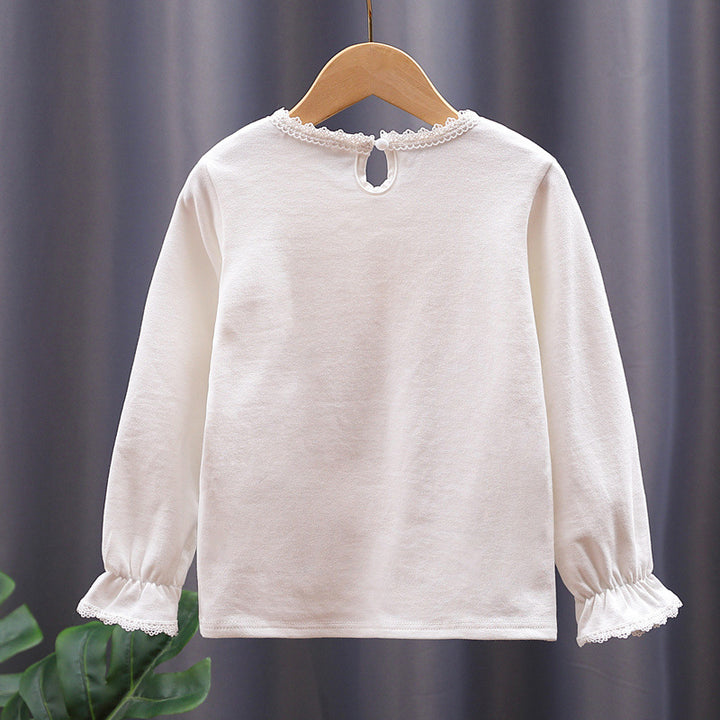 Girls long sleeve shirt with cute lace trim and bow decor Mune Fashion