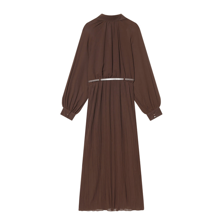 Women Pleated Shirt Dress with Balloon Sleeves, Concealed Button Placket, and Waist Belt Mune Fashion