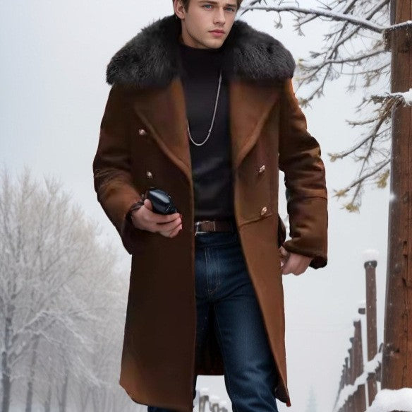 Men's Elegant Wool Jacket with Faux Fur Collar Mune