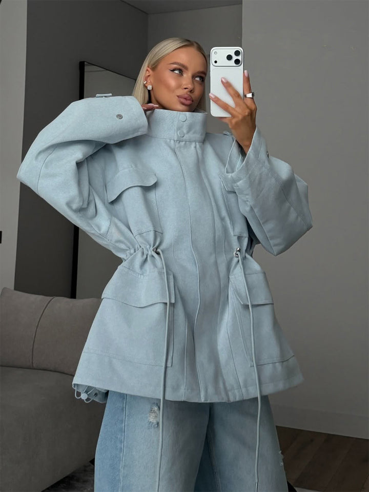 Women's Oversized Utility Jacket with Drawstring Waist, High Stand Collar, and Flap Pockets