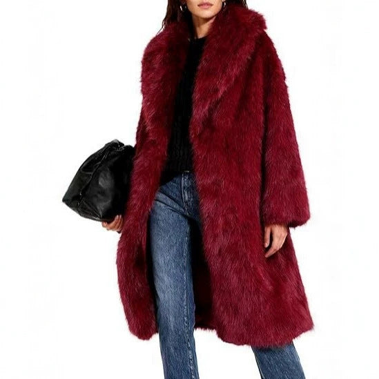 Women's Elegant Maxi Faux Fur Coat with Wide Shawl Collar and Straight Cut Mune Fashion