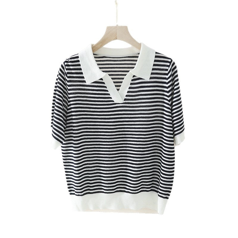 Women's striped polo fine knit shirt with open V-slit and contrasting collar Mune Fashion