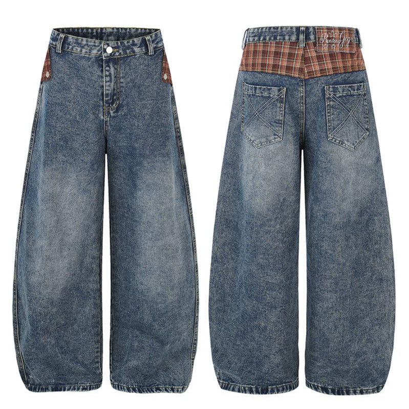 Women's Wide High-Waist Denim Culotte in Palazzo Style with Check Waistband and Vintage Wash Mune Fashion