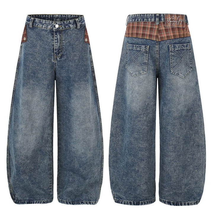 Women's Wide High-Waist Denim Culotte in Palazzo Style with Check Waistband and Vintage Wash Mune Fashion