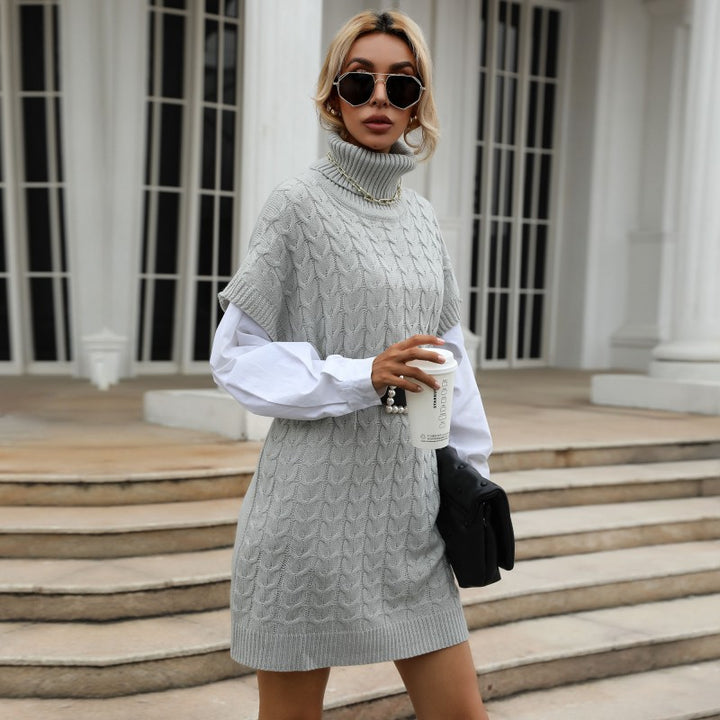 Women's knitted dress with roll neck, cable pattern and sleeveless tunic silhouette Mune Fashion