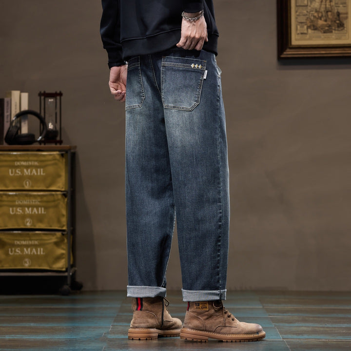 Men's Loose Straight Cut Denim Jeans with Used Wash and Cuffed Waistband Mune Fashion