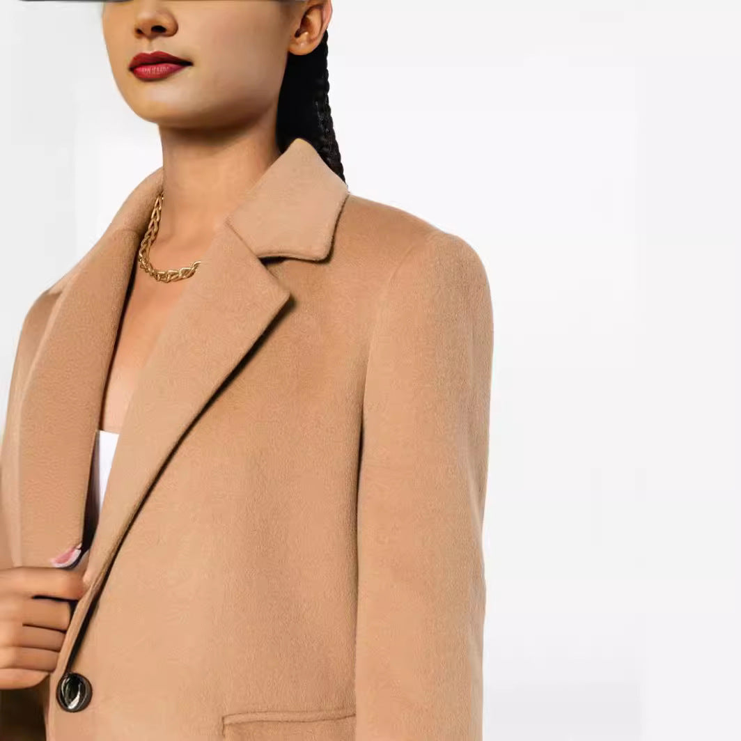 Women's Single-Breasted Wool Blend Long Coat with One-Button Closure and Flap Pockets Mune Fashion