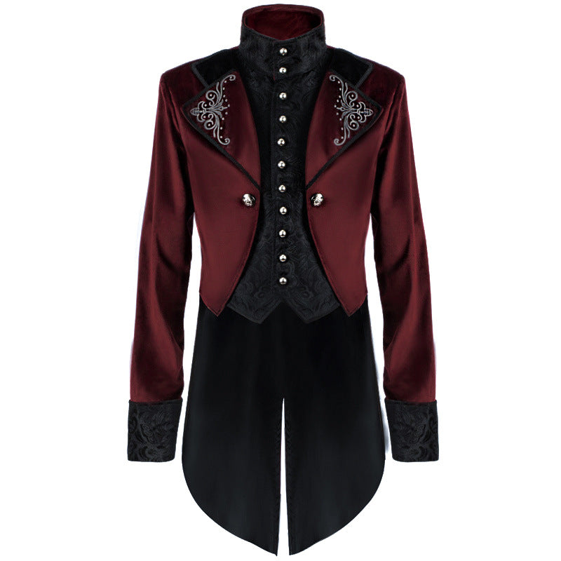 Men's slightly tailored tailcoat with embroidered stand-up collar, velvet trim, and double swallowtail.