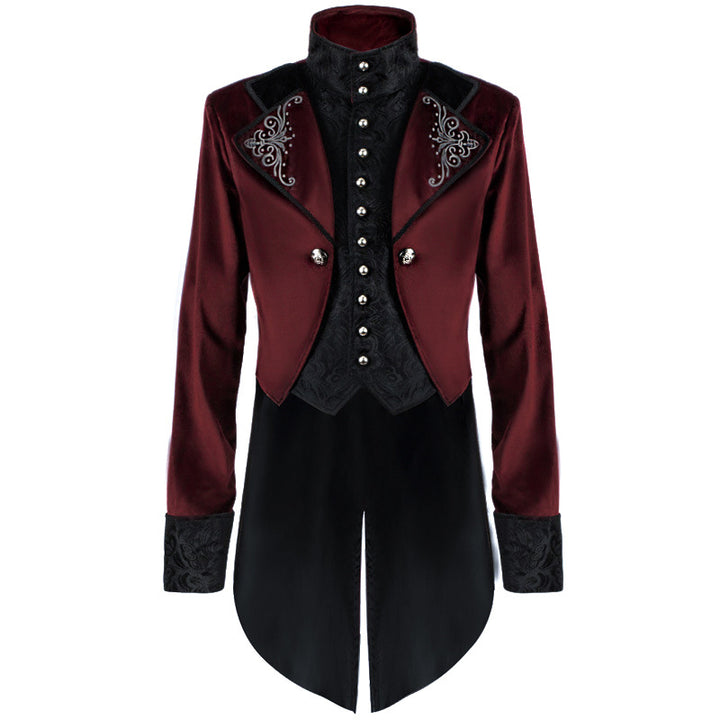 Men's slightly tailored tailcoat with embroidered stand-up collar, velvet trim, and double swallowtail.