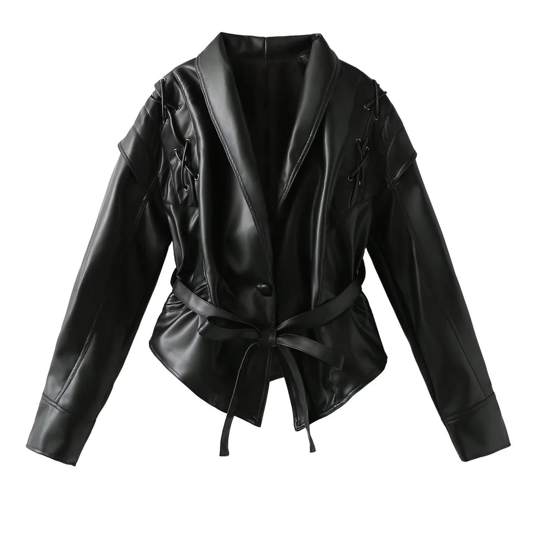 Ladies short jacket made of suede look with wrap belt, shawl collar and lacing detail Mune Fashion