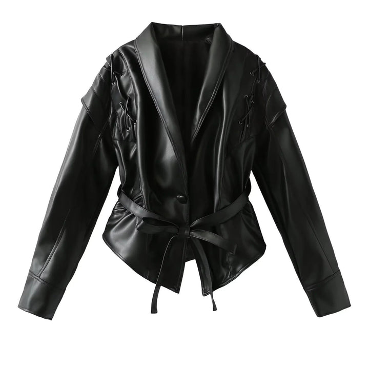 Ladies short jacket made of suede look with wrap belt, shawl collar and lacing detail Mune Fashion