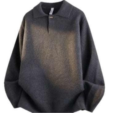 Women's Oversized Polo Collar Fine Knit Sweater with Short Slit and Decorative Button Mune Fashion