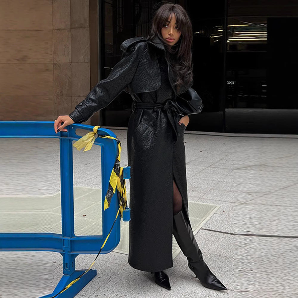 Women's Faux Leather Trench Coat with Top and Waist Belt Mune