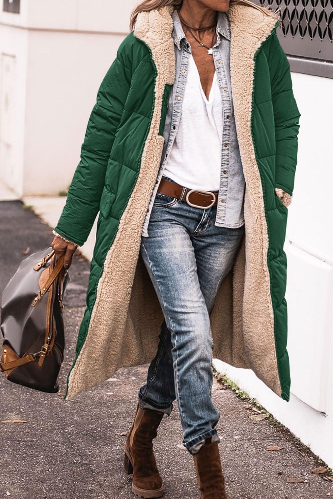Women's Longer Quilted Coat with Teddy Lining, Hood and Side Pockets Mune Fashion