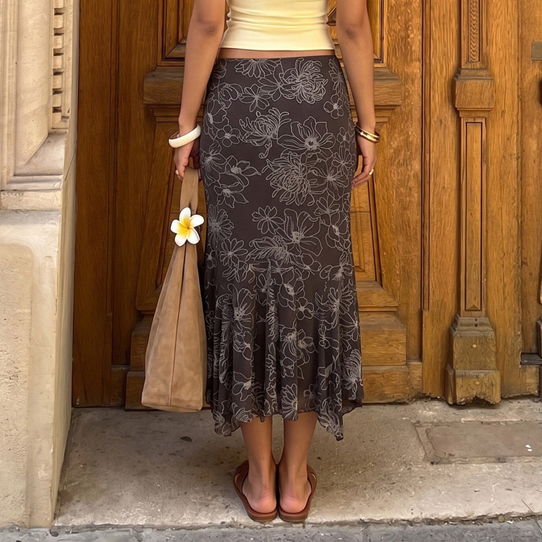 Women’s midi skirt with flared ruffle hem and floral contour print Mune Fashion