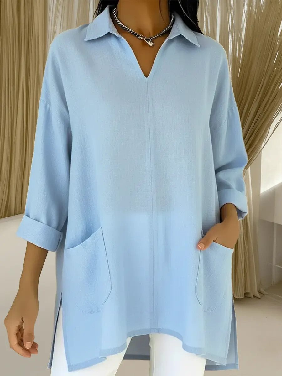 Women Oversized Tunic with Shirt Collar, V-Neck and Patch Pockets Mune Fashion