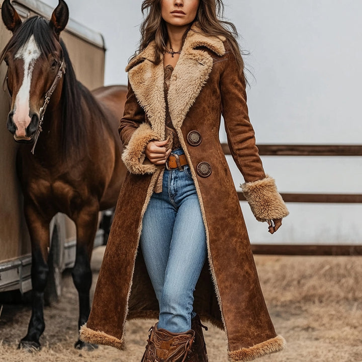 Women's tailored long coat with teddy lining, suede look and decorative button placket Mune Fashion