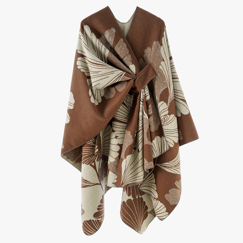 Women's Oversize Jacquard Cape made of wool blend with floral jacquard and front loop Mune Fashion
