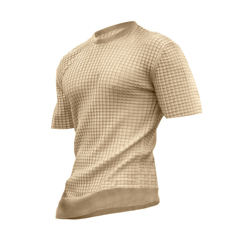 Men's waffle structure short sleeve knit shirt with slim fit and elastic rib hem Mune Fashion