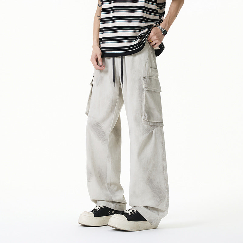 Damen Weite Cargo-Hose im Baggy-Stil mit Tunnelzugbund, Multifachtaschen und Used-Waschung Mune Fashion