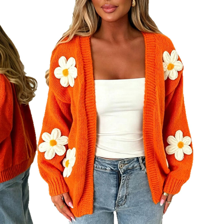 Women’s Oversize Knit Cardigan with 3D Flower Appliqués and Ribbed Hem Mune Fashion
