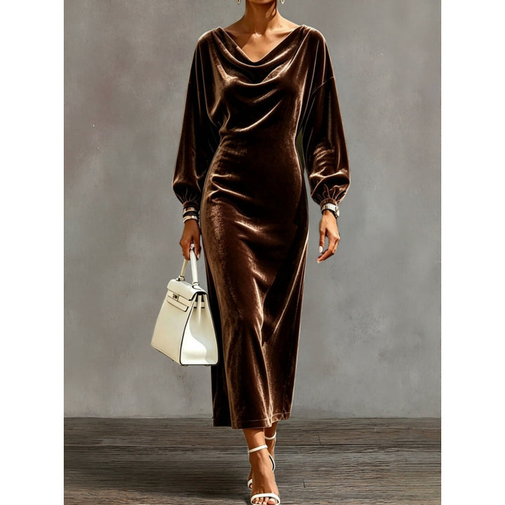 Women's midi dress made of velvet with draped waterfall neckline and balloon sleeves Mune Fashion