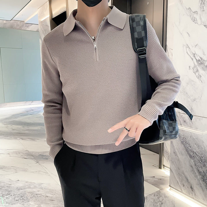 Men's Structured Half-Zip Knit Polo Sweater with Zipper Collar Mune Fashion