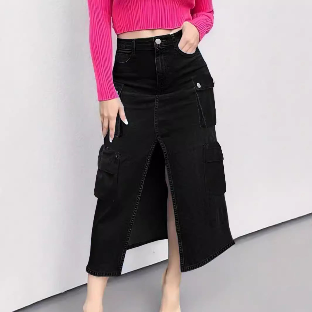 Ladies High-Waist Cargo Denim Midi Skirt with Front Slit Mune Fashion