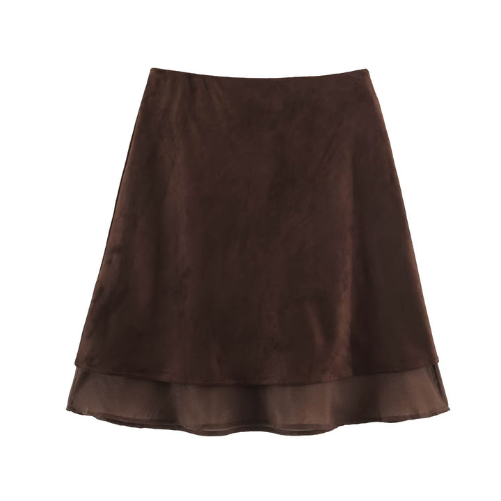 Women’s A-line midi skirt with velour look and chiffon ruffle Mune Fashion