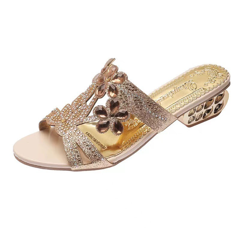 Women's nan embellished strappy sandals with mid-high geometric block heel and crystal flowers Mune Fashion