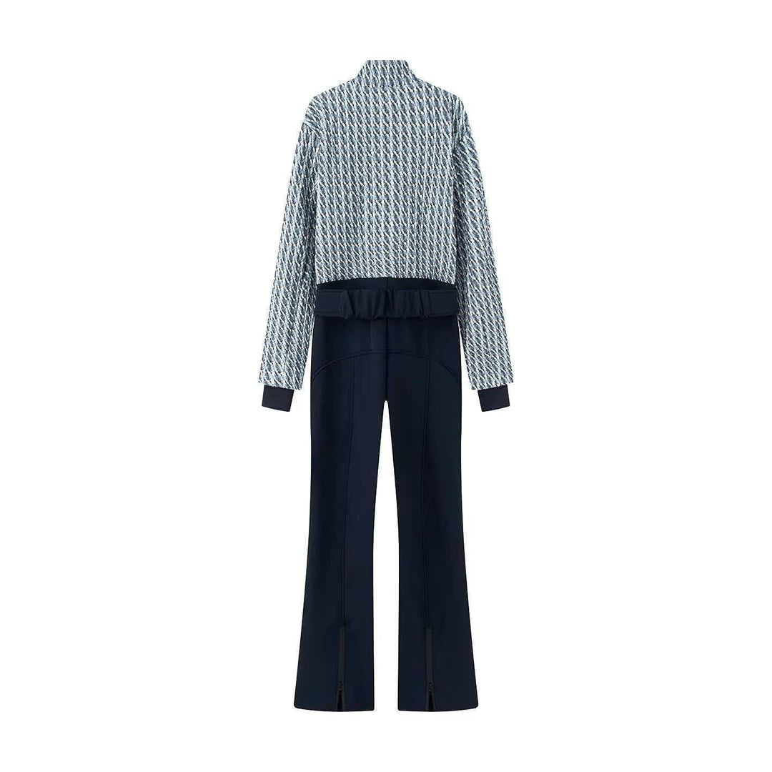 Women's short-cut boucle jacket set with stand-up collar, concealed zipper and high-waist flared pants Mune Fashion