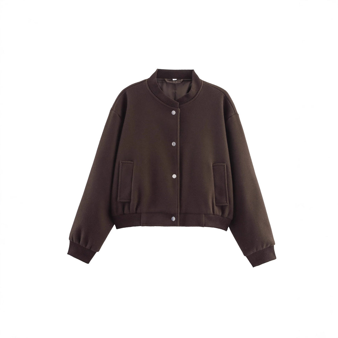 Women Short-Cut Wool Blend Bomber Jacket with Snap Buttons and Ribbed Cuffs Mune Fashion