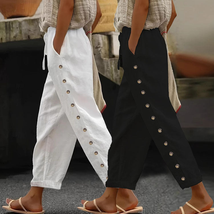 Women's Lightweight Linen Pants with High Waist, Drawstring and Side Snap Detailing Mune Fashion