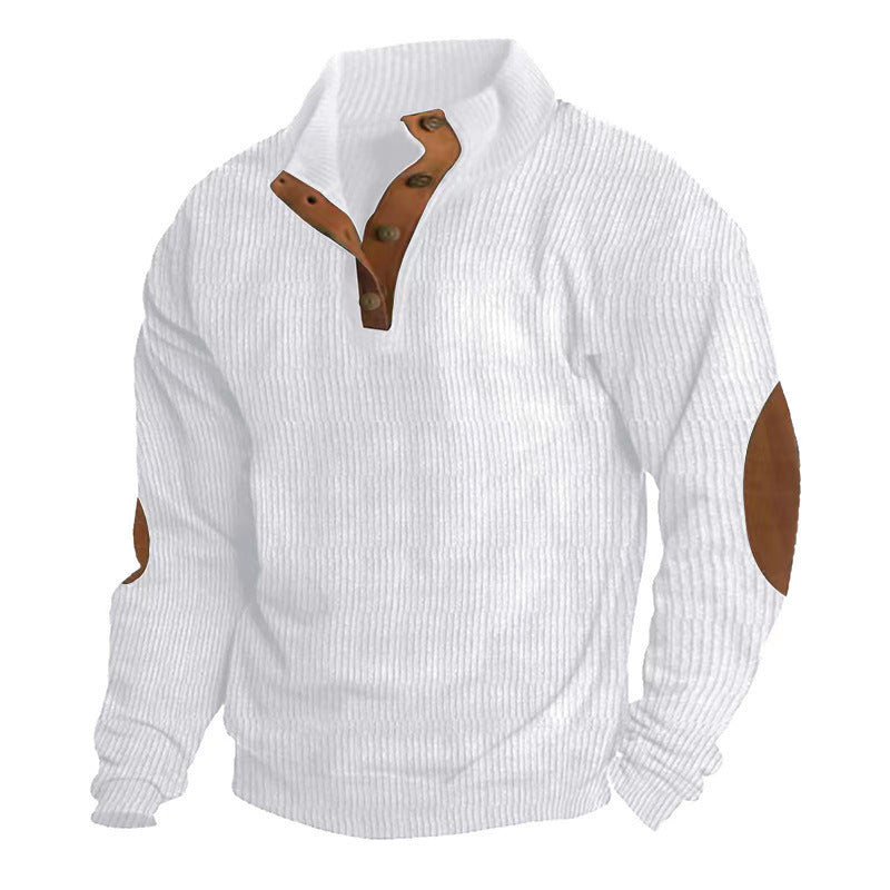 Men's rustic ribbed pullover with Henley collar and leather-like elbow patches Mune Fashion