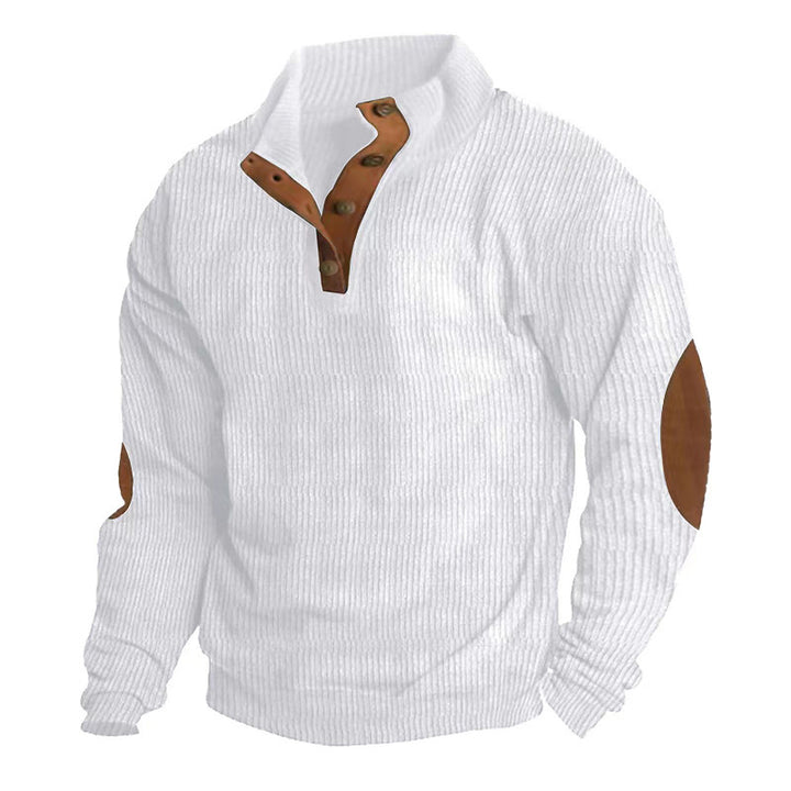 Men's rustic ribbed pullover with Henley collar and leather-like elbow patches Mune Fashion