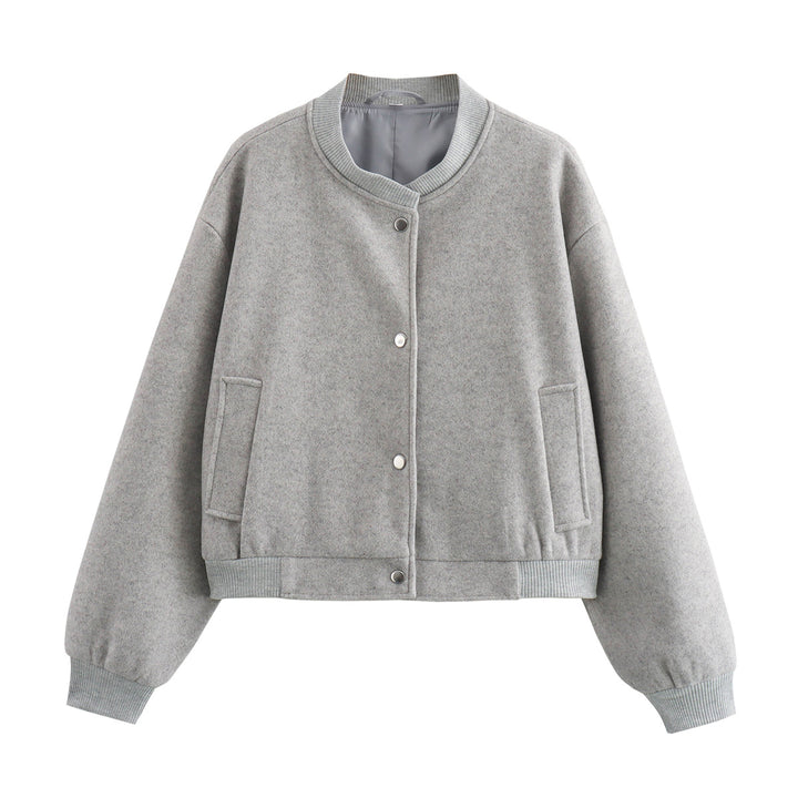 Women's cropped bomber jacket in boxy cut with snap button placket and side pockets Mune Fashion