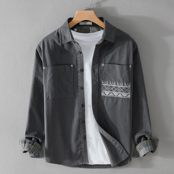 Men's cotton overshirt with contrast lining, chest pockets and fine embroidery Mune Fashion
