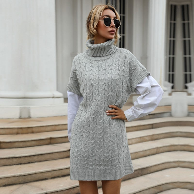 Women's knitted dress with roll neck, cable pattern and sleeveless tunic silhouette Mune Fashion