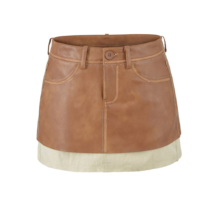 Ladies High-Waisted Faux Leather Mini Skirt with Decorative Seams and Belt Loops Mune Fashion