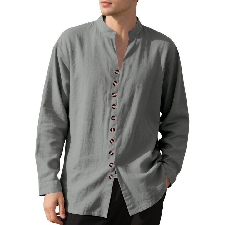 Men's casual linen shirt with Mandarin collar, continuous decorative button placket and roll-up sleeves Mune Fashion