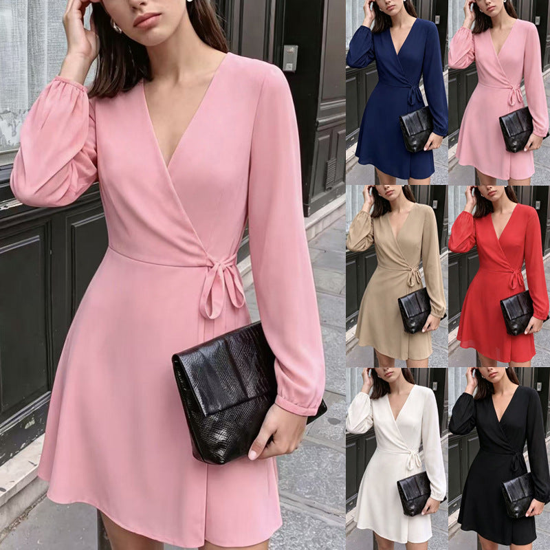 Ladies Elegant Wrap Mini Dress with Deep V-Neck and Long Sleeves Mune Fashion