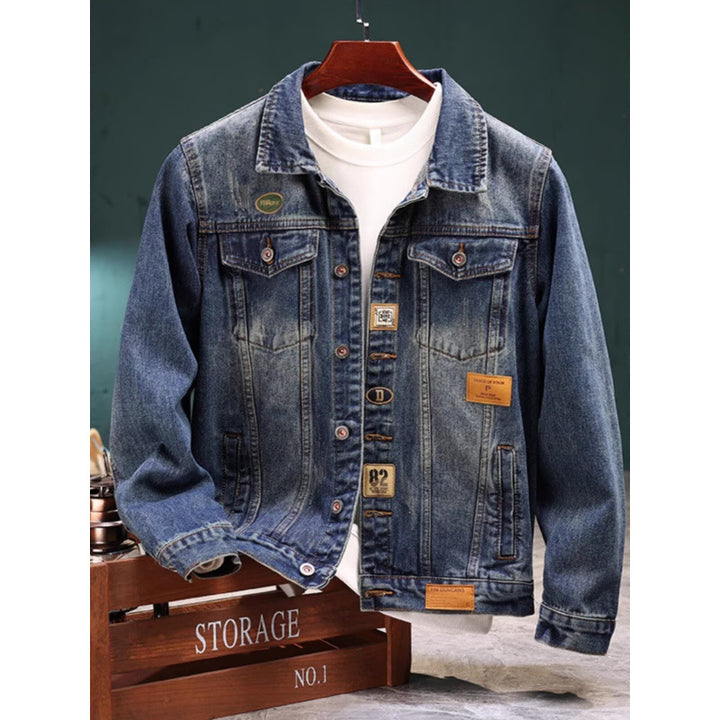 Men's Vintage Washed Denim Jacket with Brand Patches, Chest Flaps, and Straight Cut Mune Fashion