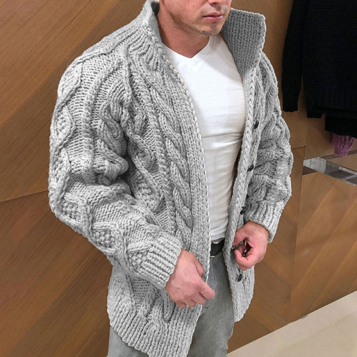 Men's Chunky Cable Knit Cardigan with High Standing Collar and Horn Buttons Mune Fashion